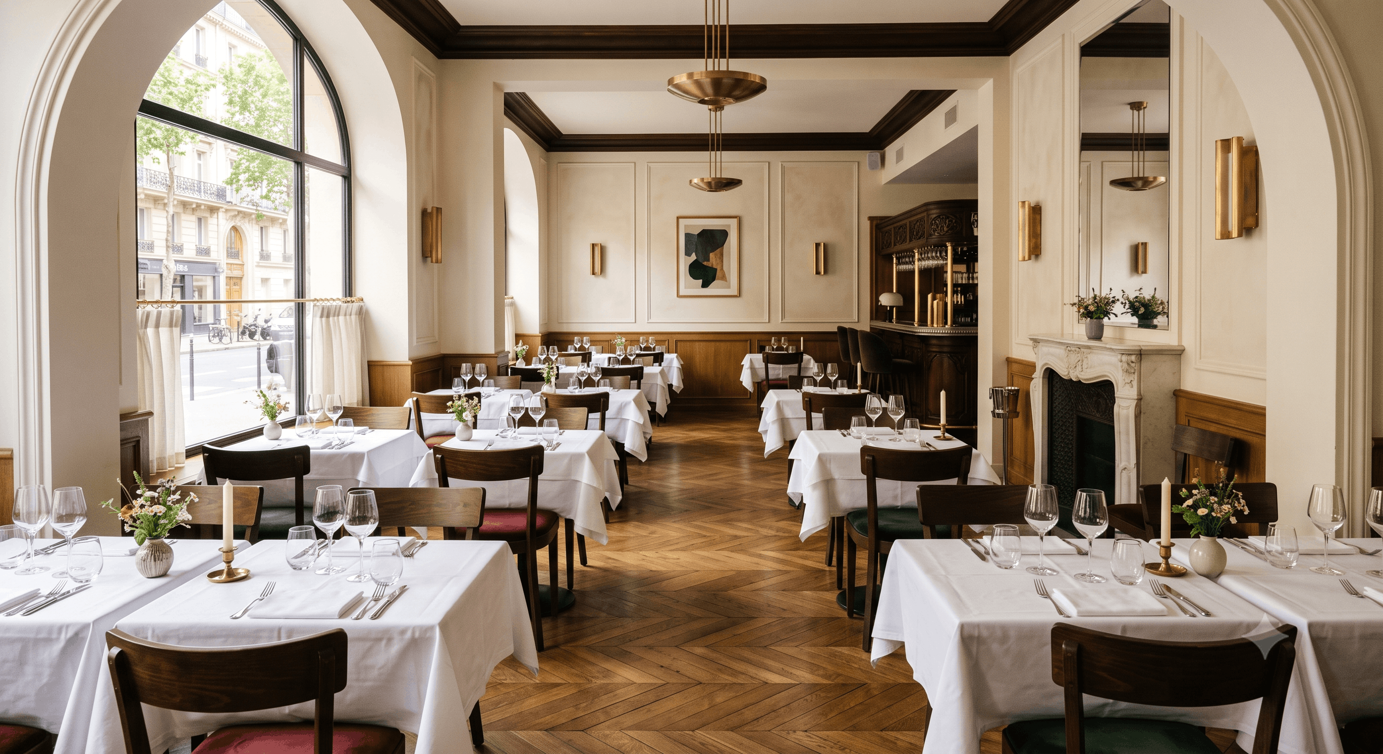 Salle de restaurant en journée, tables dressées, salle vide